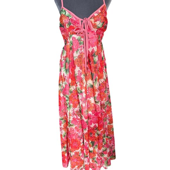Dresses & Skirts - Pink Floral Sleeveless Midi Dress With Adjustable Tie Front & Smocked Back